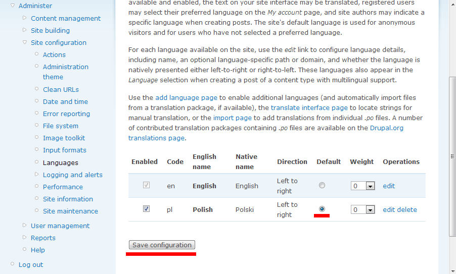 Zmiana języka Drupal-a na polski - krok 5